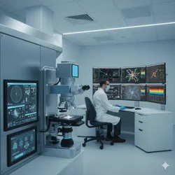 A realistic 16:9 cinematic shot of a modern, high-tech laboratory specializing in nanoscale discovery. The foreground features a sophisticated Transmission Electron Microscope (TEM) with sleek metallic surfaces and glowing digital interfaces. In the background, a scientist in professional lab attire and PPE is working at a multi-monitor workstation displaying 3D molecular structures and high-resolution elemental mapping (EDS). The environment is clean and clinical, with soft blue and white ambient lighting, emphasizing precision and advanced scientific research.