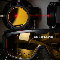 Close-up of HeNe laser and protective eyewear for laser safety.