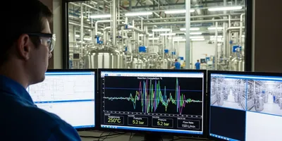 Operator monitoring inline spectroscopy data on computer screens in a manufacturing facility