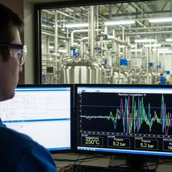 Operator monitoring inline spectroscopy data on computer screens in a manufacturing facility