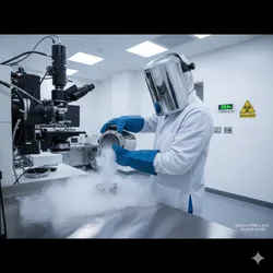 The image depicts a high-tech laboratory environment focused on cryo-microscopy. It centers on the interaction between a researcher and cryogenic materials, highlighting the safety protocols mentioned in the article.