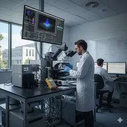 A male scientist in a lab coat performing hardware calibration on a high-end research microscope to ensure data reproducibility and imaging standards