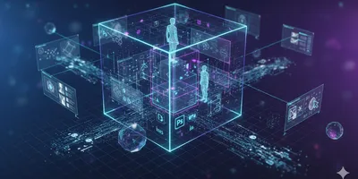 Abstract digital visualization of microscopy data integration showing a glowing cell structure transforming into organized data nodes