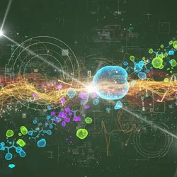 Abstract visualization of high-resolution microscopy analyzing nanocarrier drug delivery systems with glowing biological structures and digital analytical overlays.
