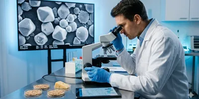 Scientist analyzing food microstructure using a microscope in a quality control lab