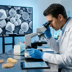 Scientist analyzing food microstructure using a microscope in a quality control lab
