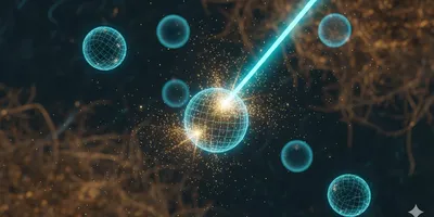 Abstract 3D rendering of an electron beam scanning a crystalline nanoparticle in an environmental matrix