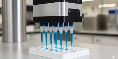 Close-up of an automated liquid handler dispensing blue liquid.