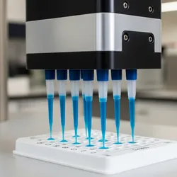 Close-up of an automated liquid handler dispensing blue liquid.