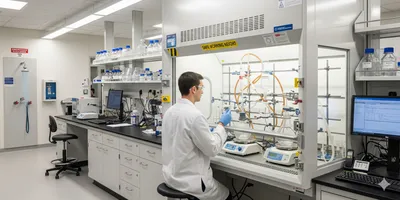 Well-equipped lab featuring a ducted fume hood system