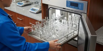 lab technicial loading a tray of flasks and beakers into a laboratory glassware washer
