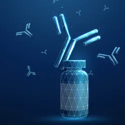 Blue medical bottle with flying antibodies in background