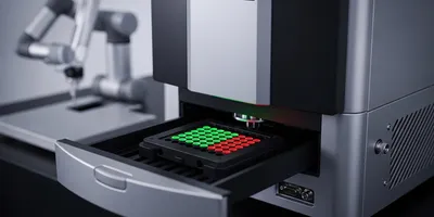 a high-end hybrid microplate reader. The drawer is open, revealing a black 96-well plate with fluorescent samples glowing faintly.