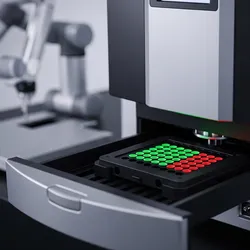a high-end hybrid microplate reader. The drawer is open, revealing a black 96-well plate with fluorescent samples glowing faintly.