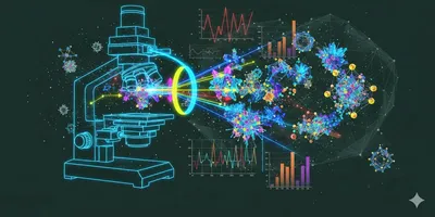 Abstract digital illustration of an electron microscope emitting a glowing blue beam that transforms into vibrant data visualizations and 3D atomic nanostructures against a dark technical background.