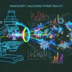 Abstract digital illustration of an electron microscope emitting a glowing blue beam that transforms into vibrant data visualizations and 3D atomic nanostructures against a dark technical background.