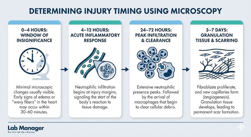 Infographic titled "DETERMINING INJURY TIMING USING MICROSCOPY" on a light background with the "Lab Manager" logo at the bottom left. A horizontal timeline with four interconnected panels outlines microscopic changes after an injury.