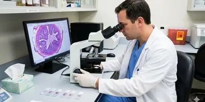 A forensic pathologist in a laboratory setting examines a tissue sample using a light microscope, with a digital histology image displayed on a monitor.