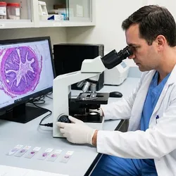 A forensic pathologist in a laboratory setting examines a tissue sample using a light microscope, with a digital histology image displayed on a monitor.