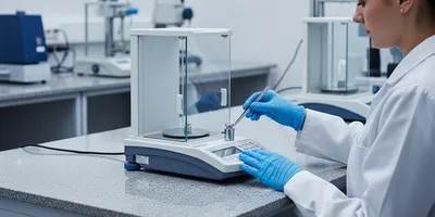 Laboratory technician using a lab balance for precise measurements