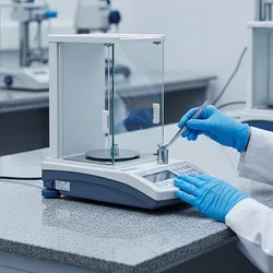 Laboratory technician using a lab balance for precise measurements