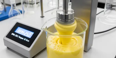 Overhead stirrer mixing a yellow liquid in a lab