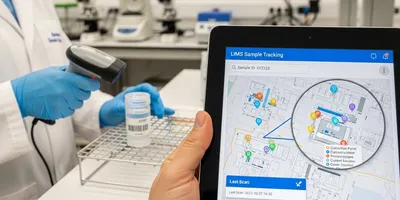 A close-up of a hand holding a tablet computer in a lab. The screen shows a LIMS interface with a sample tracking map. In the background, a technician is scanning a 2D barcode on a cryovial. Highlighting mobility and traceability.