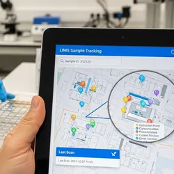 A close-up of a hand holding a tablet computer in a lab. The screen shows a LIMS interface with a sample tracking map. In the background, a technician is scanning a 2D barcode on a cryovial. Highlighting mobility and traceability.