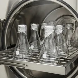 Autoclave sterilizing lab flasks in a biological lab