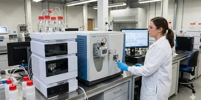 Scientist in a white lab coat and safety glasses operating a liquid chromatography-mass spectrometry (LC-MS) instrument in a modern analytical laboratory.