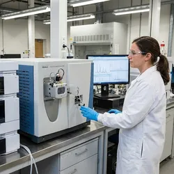 Scientist in a white lab coat and safety glasses operating a liquid chromatography-mass spectrometry (LC-MS) instrument in a modern analytical laboratory.