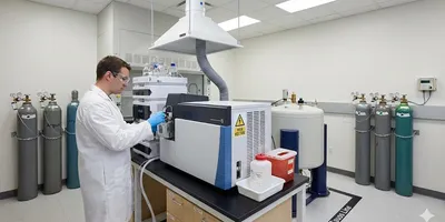 Scientist wearing PPE maintains a mass spectrometer in a safety-compliant lab featuring proper ventilation, secured gas cylinders, and high-voltage warning signage