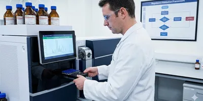 A scientist in a modern laboratory loads sample vials into a high-tech mass spectrometer while monitoring a chromatogram on the display screen, with a regulatory validation framework chart visible on the wall in the background.