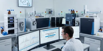 Scientist in a modern laboratory monitoring automated LC-MS data analysis and LIMS integration on multiple computer screens, surrounded by high-performance liquid chromatography mass spectrometry instruments and cloud data indicators.