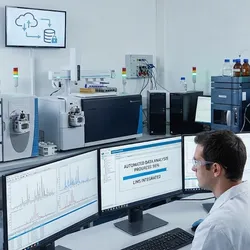 Scientist in a modern laboratory monitoring automated LC-MS data analysis and LIMS integration on multiple computer screens, surrounded by high-performance liquid chromatography mass spectrometry instruments and cloud data indicators.