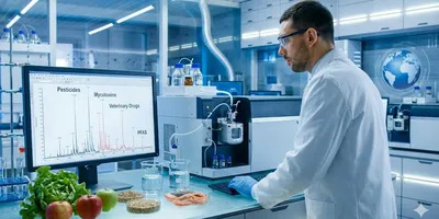 Scientist conducting mass spectrometry analysis for food safety, viewing a monitor with data on pesticides, toxins, and PFAS while testing fresh fruit, grains, and fish samples in a laboratory.