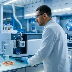 Scientist conducting mass spectrometry analysis for food safety, viewing a monitor with data on pesticides, toxins, and PFAS while testing fresh fruit, grains, and fish samples in a laboratory.