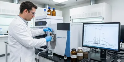 Scientist using LC-MS/MS mass spectrometer for environmental monitoring of water and soil samples in a laboratory.