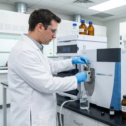 Scientist using LC-MS/MS mass spectrometer for environmental monitoring of water and soil samples in a laboratory.