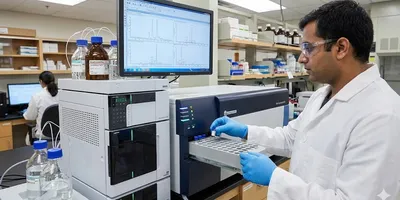 Scientist loading sample vials into a mass spectrometer for pesticide residue analysis in a laboratory setting.