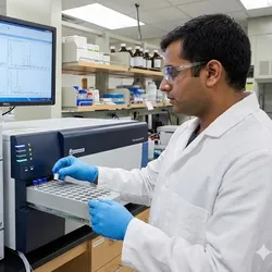 Scientist loading sample vials into a mass spectrometer for pesticide residue analysis in a laboratory setting.