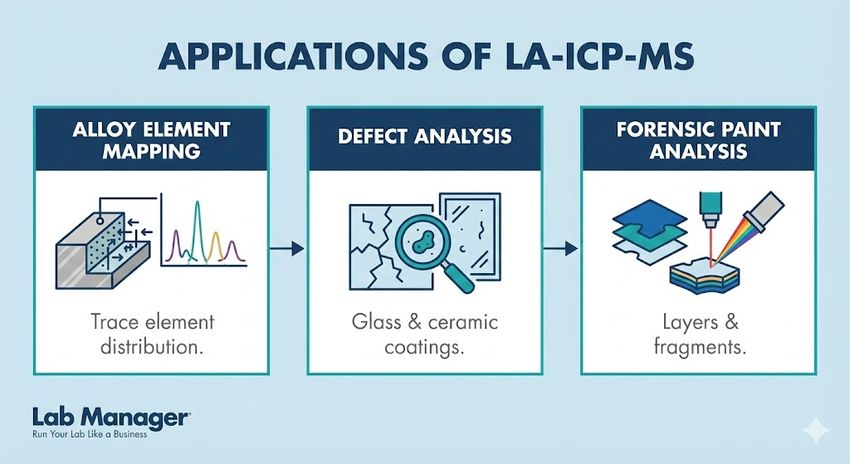 A Lab Manager infographic titled "Applications of LA-ICP-MS." The graphic details three primary uses of the technology, each illustrated with a specific icon: 1) Alloy Element Mapping for determining trace element distribution, 2) Defect Analysis for examining glass and ceramic coatings, and 3) Forensic Paint Analysis for inspecting layers and fragments.