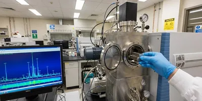 Scientist loading a material sample into a mass spectrometry instrument in a laboratory for surface analysis.