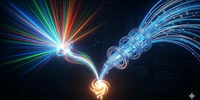 Abstract 3D illustration comparing ICP-OES optical light emission versus ICP-MS ion mass separation techniques.