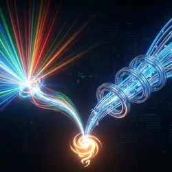 Abstract 3D illustration comparing ICP-OES optical light emission versus ICP-MS ion mass separation techniques.