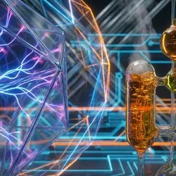 A futuristic laboratory scene featuring a large, transparent geometric sphere containing blue and purple plasma discharge on the left, and complex glass apparatus with boiling orange and green liquids emitting steam on the right, set against a dark background with glowing orange and blue circuit patterns.