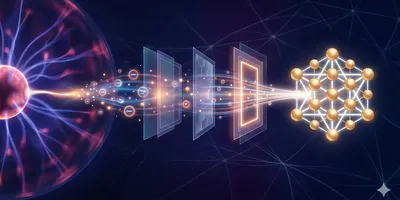 Abstract visualization of ICP-MS plasma flow connecting to geometric structures representing precision quality control in sub-ppb trace analysis.