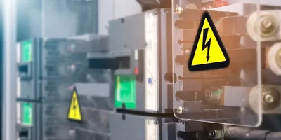 Safety warning sign on electrical panel indicating electrical hazard.