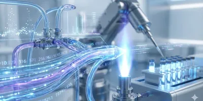 Abstract 3D visualization of an automated ICP-OES system performing high-throughput analysis, featuring a robotic autosampler, glowing plasma flame, and digital spectral data