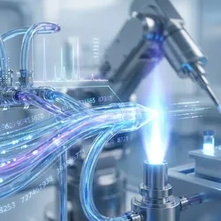 Abstract 3D visualization of an automated ICP-OES system performing high-throughput analysis, featuring a robotic autosampler, glowing plasma flame, and digital spectral data